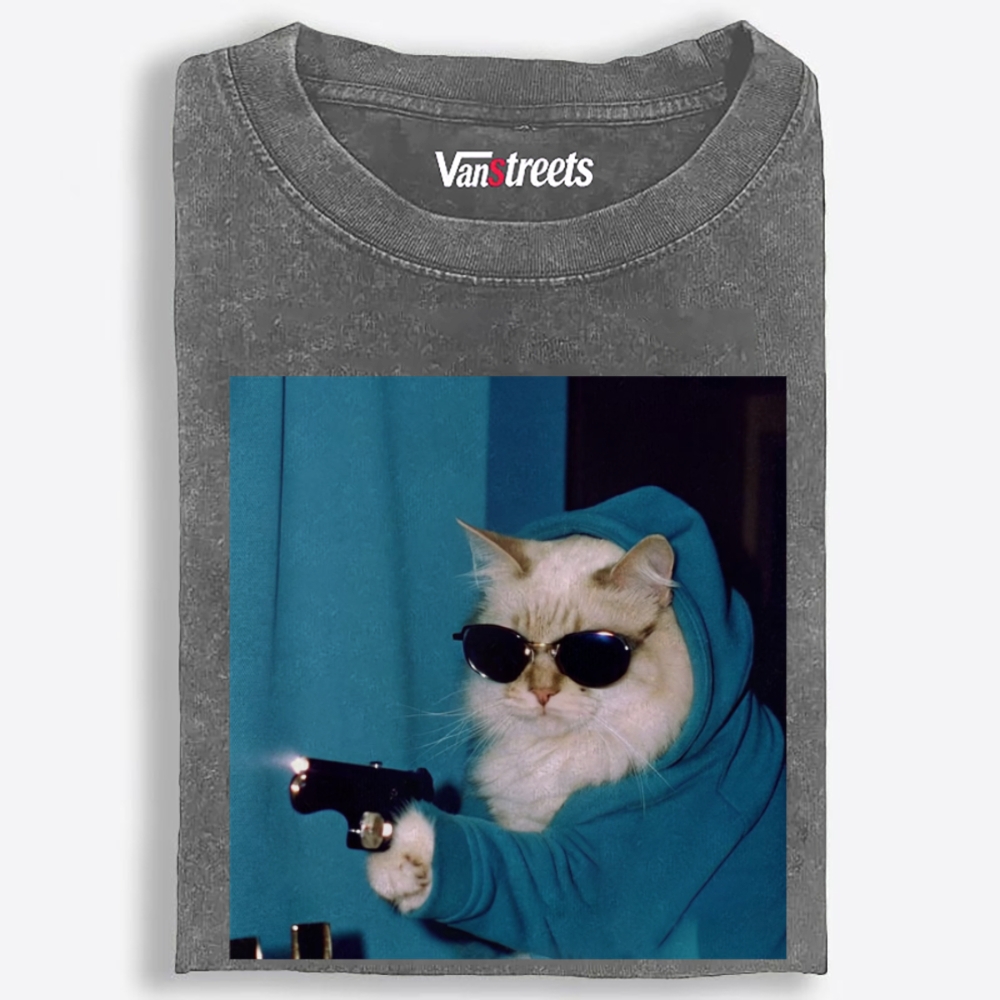 Hoodie Killer Cat Retro Washed T-Shirt | 100% Cotton | Streetwear Essential