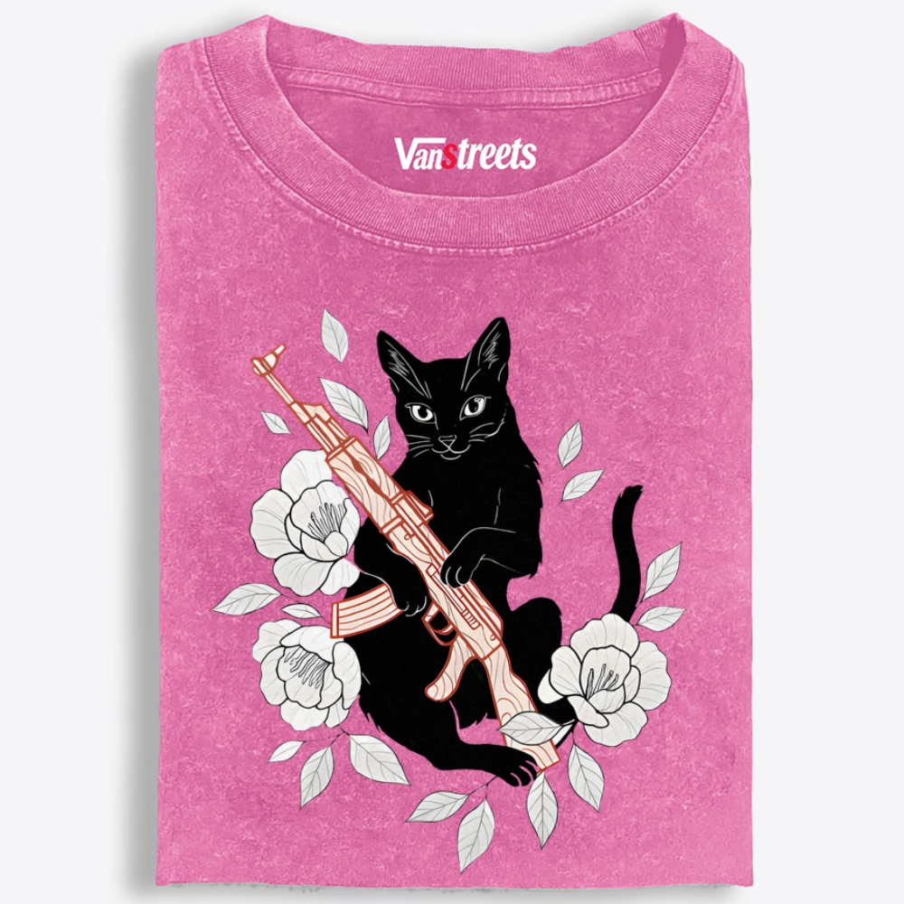 Cat with Gun & Flowers Retro Washed T-Shirt | 100% Cotton | Streetwear Essential