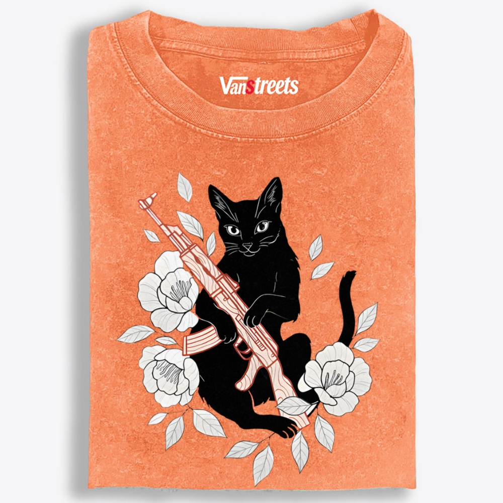 Cat with Gun & Flowers Retro Washed T-Shirt | 100% Cotton | Streetwear Essential
