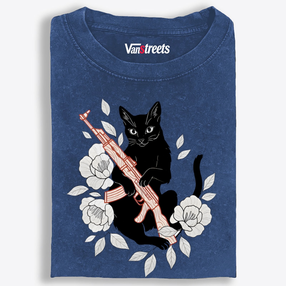 Cat with Gun & Flowers Retro Washed T-Shirt | 100% Cotton | Streetwear Essential