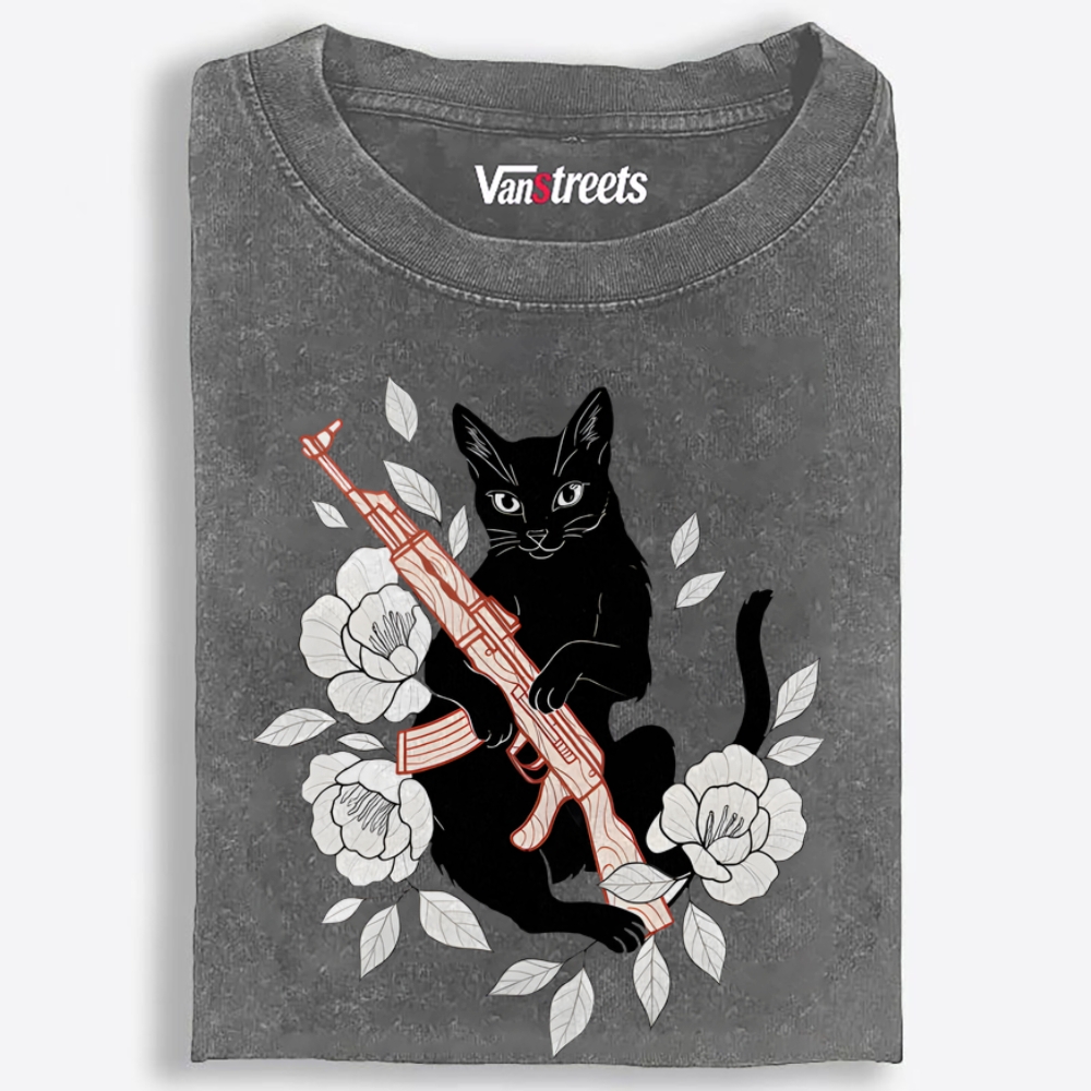 Cat with Gun & Flowers Retro Washed T-Shirt | 100% Cotton | Streetwear Essential