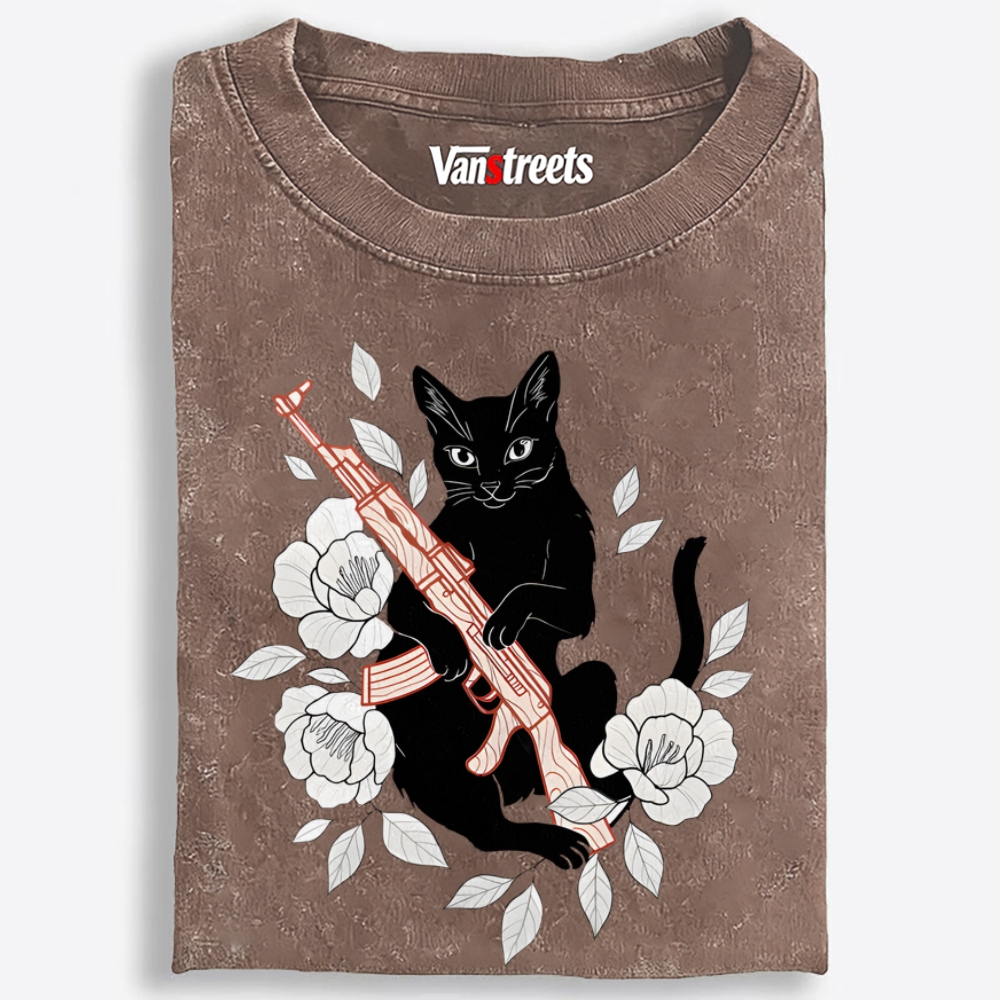 Cat with Gun & Flowers Retro Washed T-Shirt | 100% Cotton | Streetwear Essential