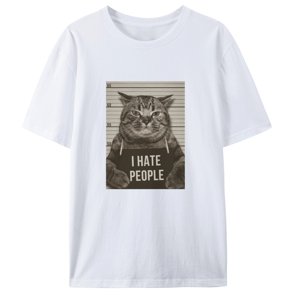 Cat Mugshot "I HATE PEOPLE" Meme Retro Designed for Women - Slim Fit Cotton Tee