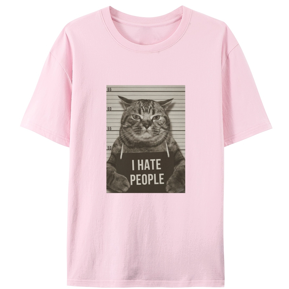 Cat Mugshot "I HATE PEOPLE" Meme Retro Designed for Women - Slim Fit Cotton Tee