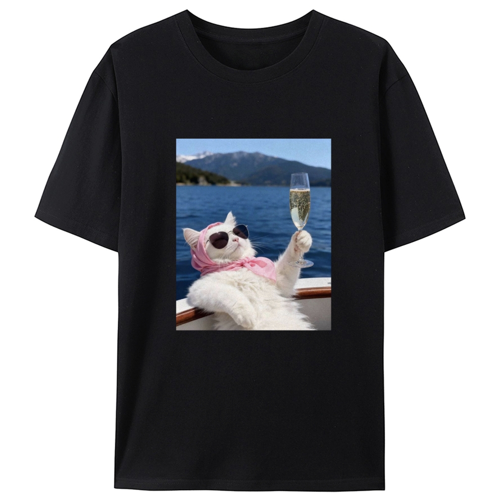 Rich Cat On Yacht With Champagne Meme Retro Designed for Women - Slim Fit Cotton Tee