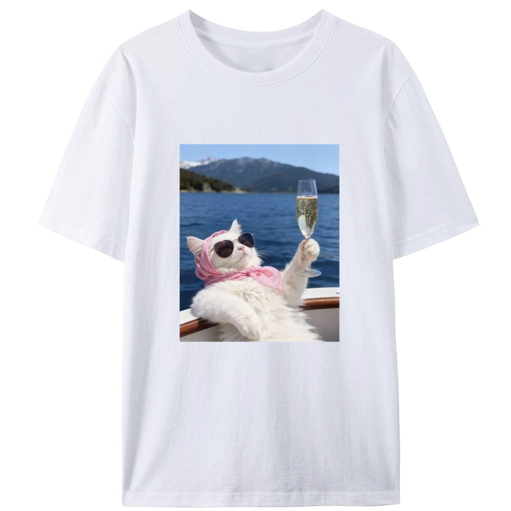 Rich Cat On Yacht With Champagne Meme Retro Designed for Women - Slim Fit Cotton Tee