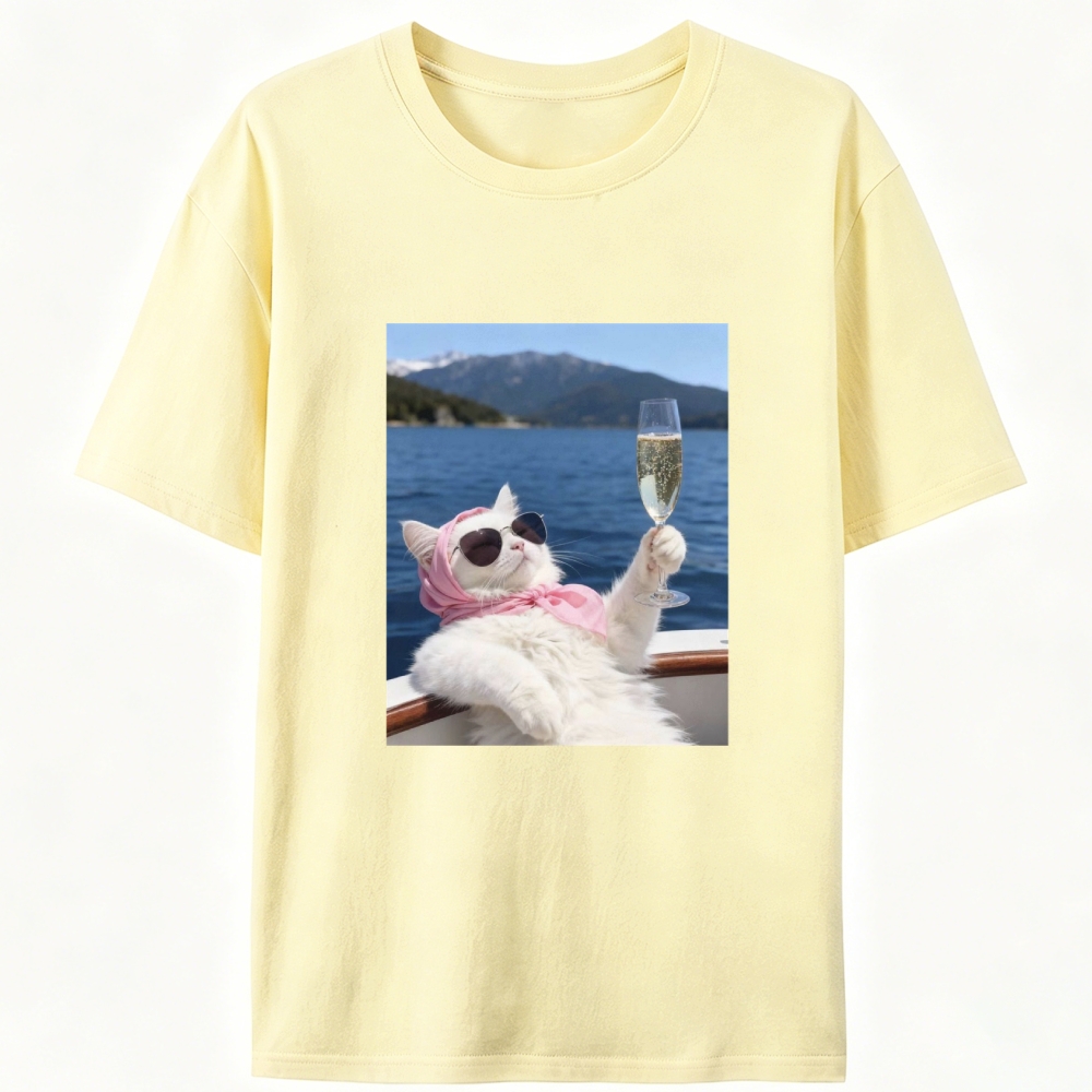Rich Cat On Yacht With Champagne Meme Retro Designed for Women - Slim Fit Cotton Tee