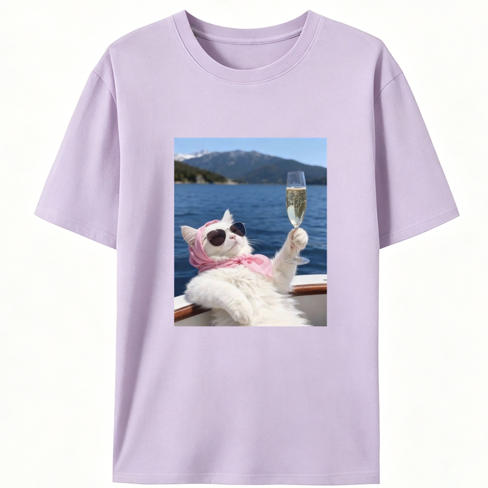 Rich Cat On Yacht With Champagne Meme Retro Designed for Women - Slim Fit Cotton Tee