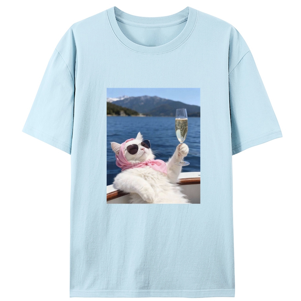 Rich Cat On Yacht With Champagne Meme Retro Designed for Women - Slim Fit Cotton Tee