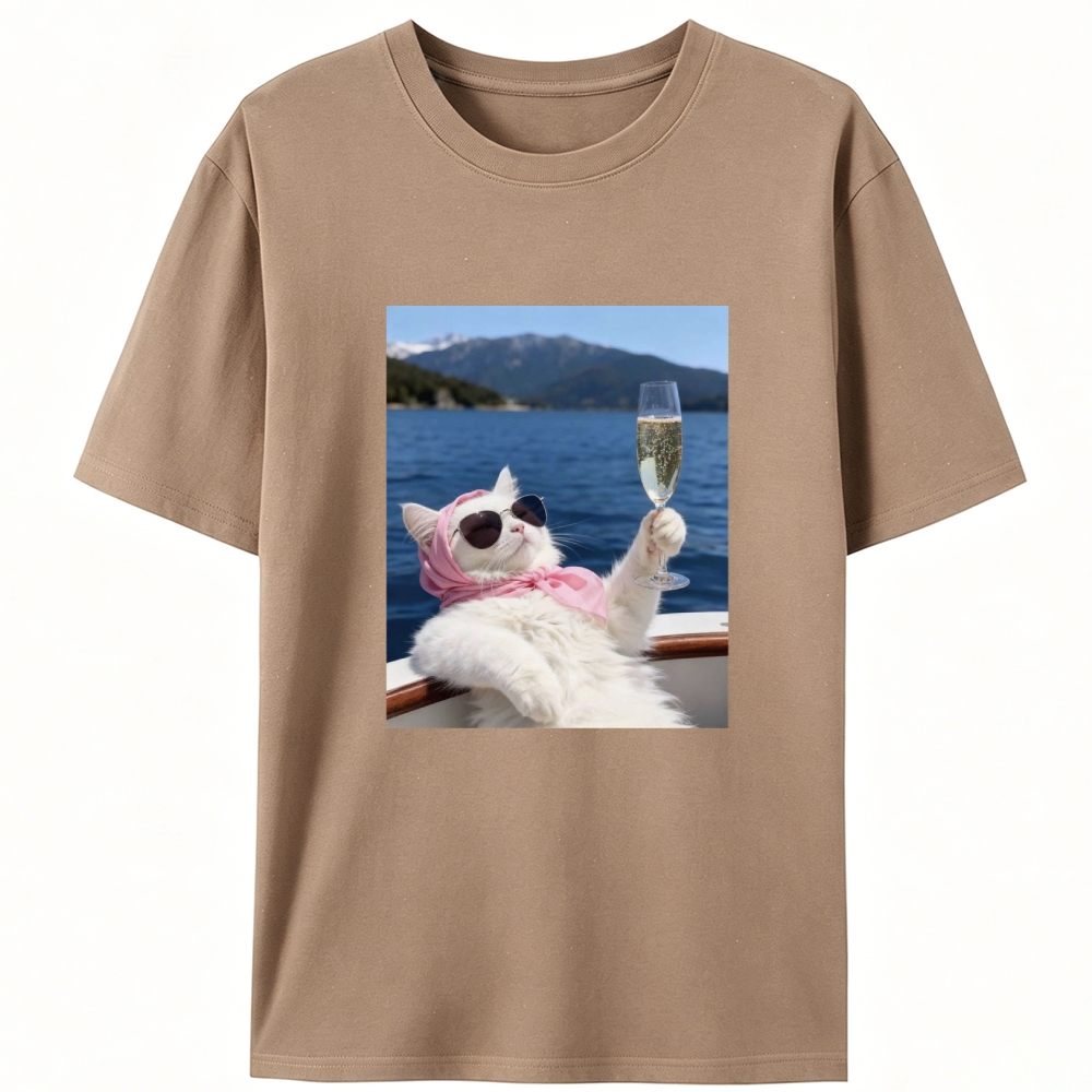 Rich Cat On Yacht With Champagne Meme Retro Designed for Women - Slim Fit Cotton Tee