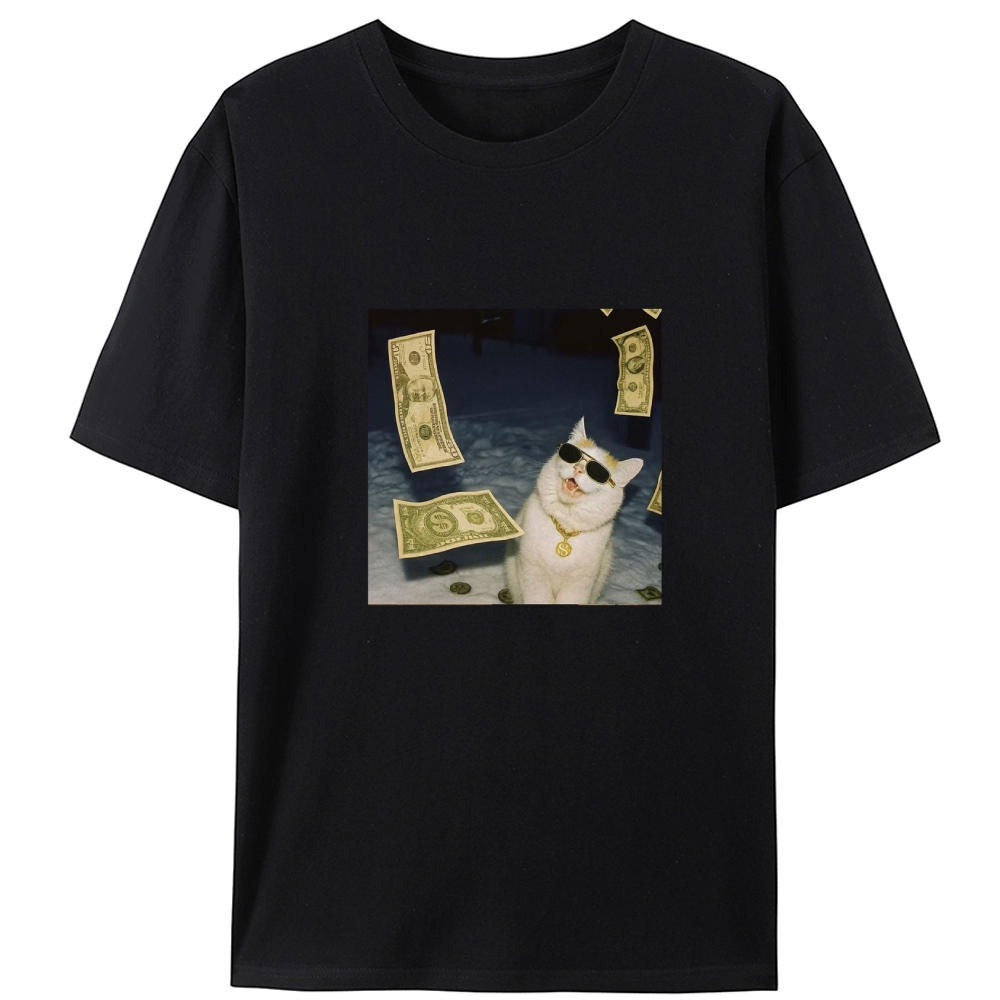 Rich Cat In Money Rain Meme Retro Designed for Women - Slim Fit Cotton Tee