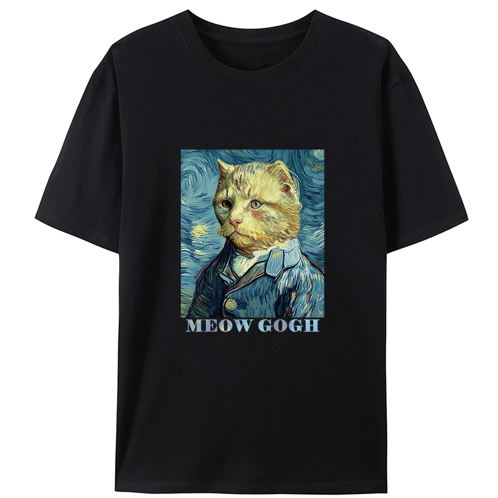 Meow Gogh Van Gogh Cat Parody Retro Designed for Women - Slim Fit Cotton Tee