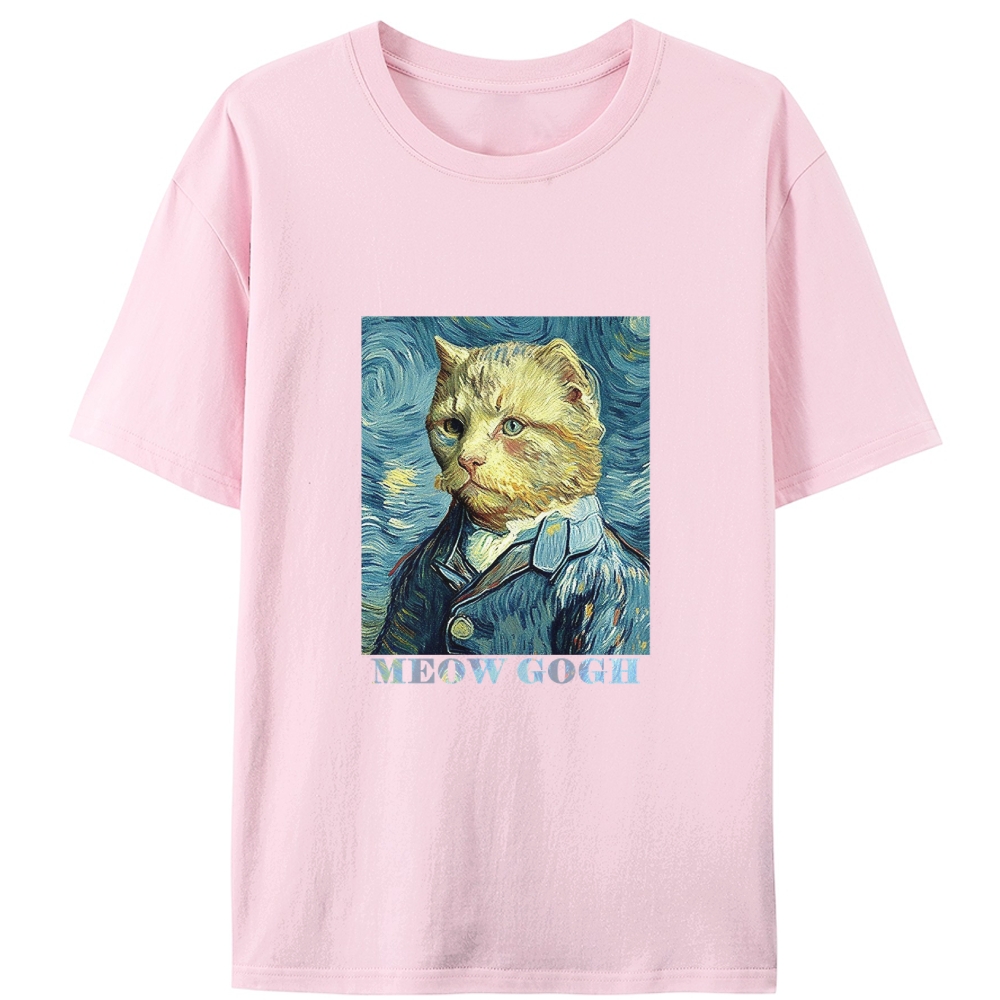 Meow Gogh Van Gogh Cat Parody Retro Designed for Women - Slim Fit Cotton Tee