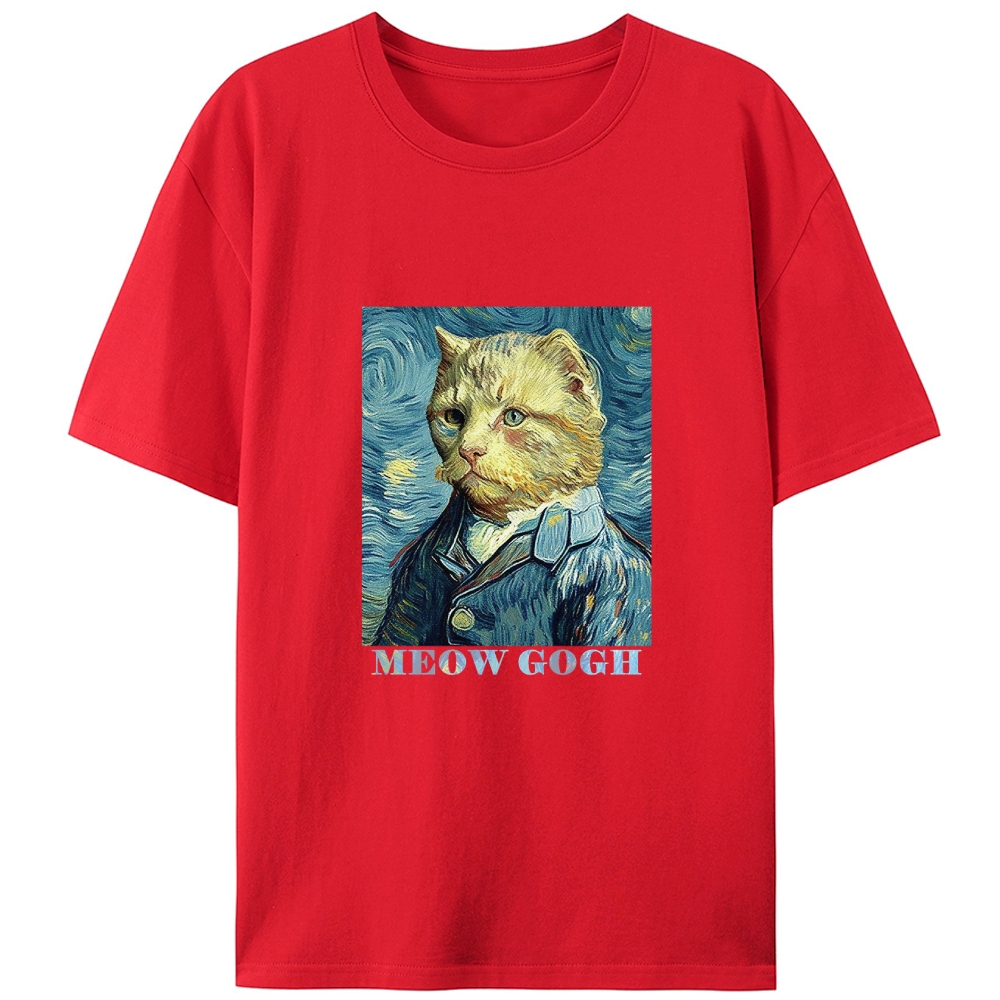Meow Gogh Van Gogh Cat Parody Retro Designed for Women - Slim Fit Cotton Tee