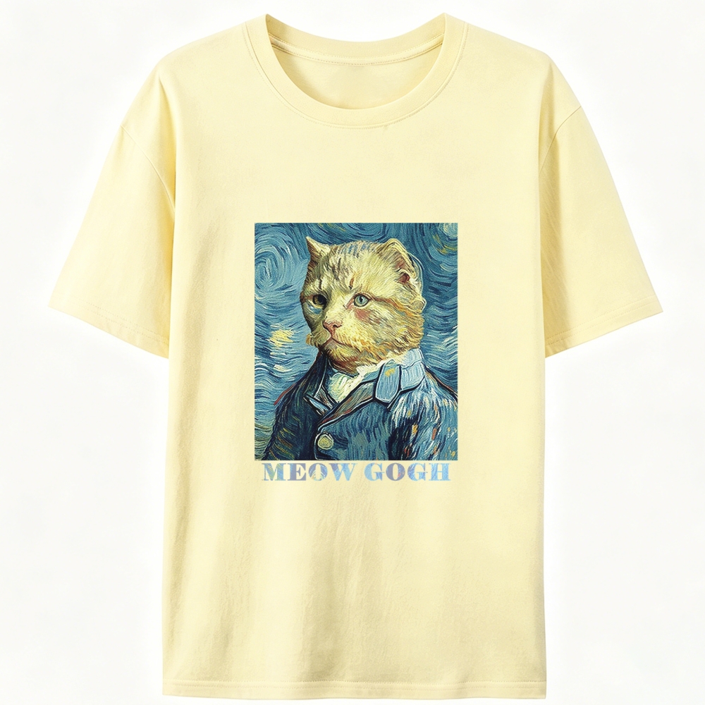 Meow Gogh Van Gogh Cat Parody Retro Designed for Women - Slim Fit Cotton Tee