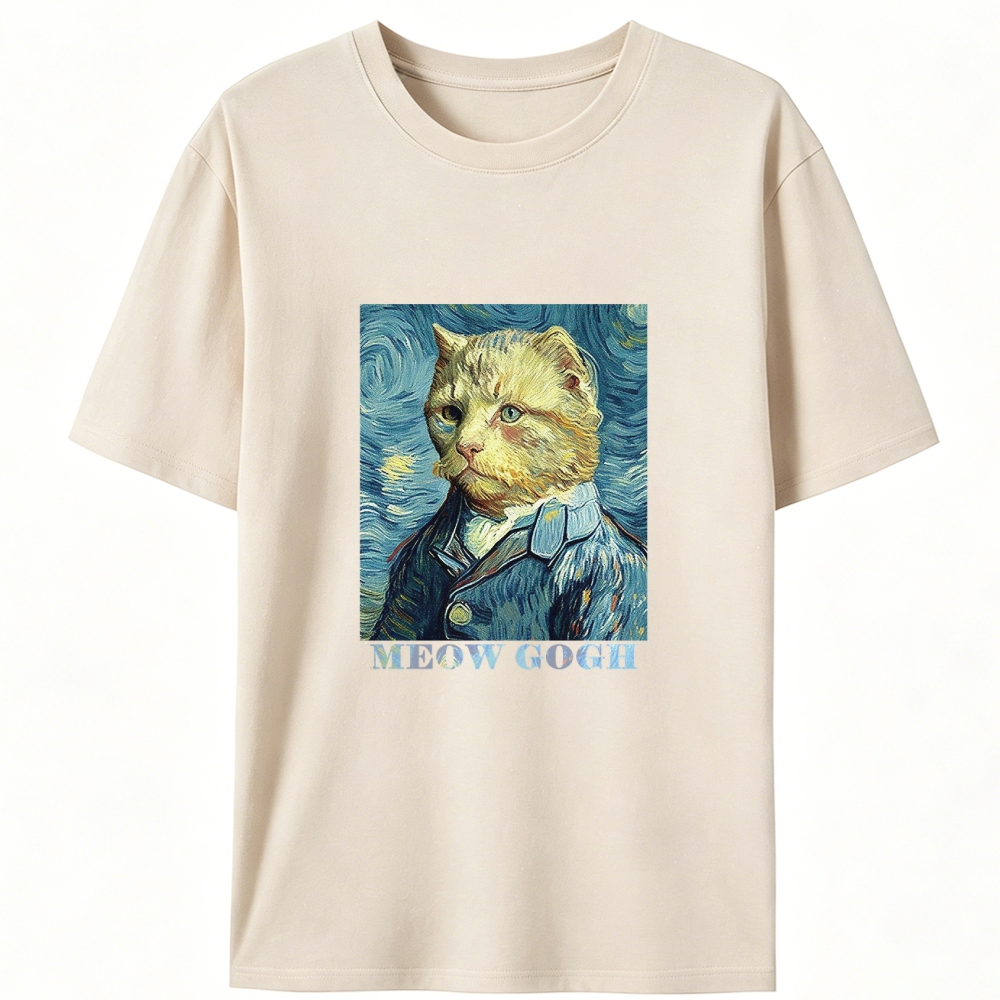 Meow Gogh Van Gogh Cat Parody Retro Designed for Women - Slim Fit Cotton Tee