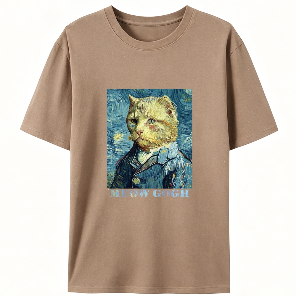 Meow Gogh Van Gogh Cat Parody Retro Designed for Women - Slim Fit Cotton Tee