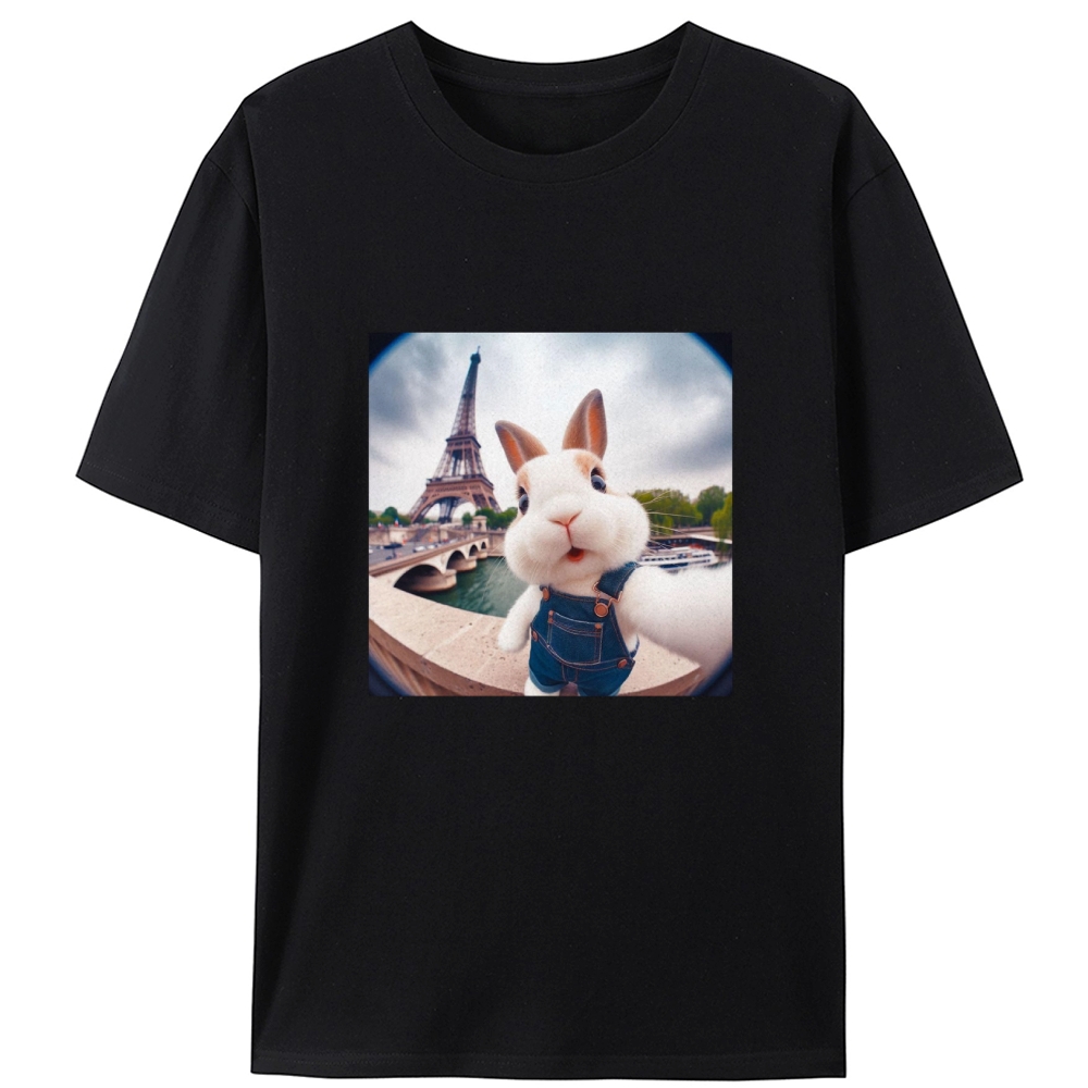 Eiffel Tower Selfie Bunny Meme Retro Designed for Women - Slim Fit Cotton Tee