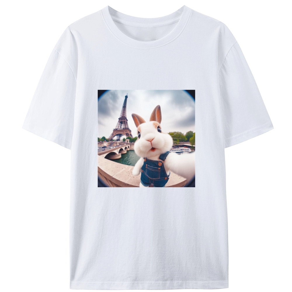 Eiffel Tower Selfie Bunny Meme Retro Designed for Women - Slim Fit Cotton Tee