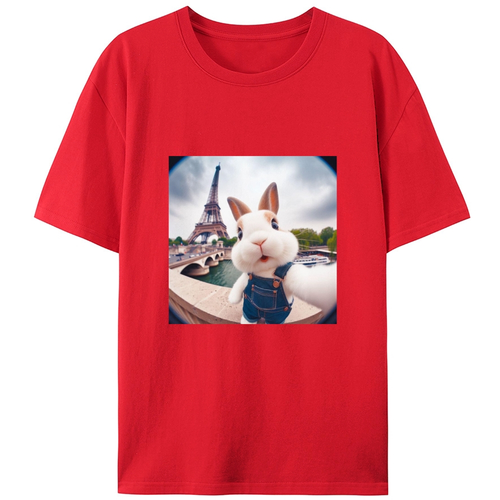 Eiffel Tower Selfie Bunny Meme Retro Designed for Women - Slim Fit Cotton Tee