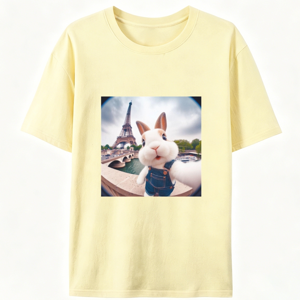 Eiffel Tower Selfie Bunny Meme Retro Designed for Women - Slim Fit Cotton Tee