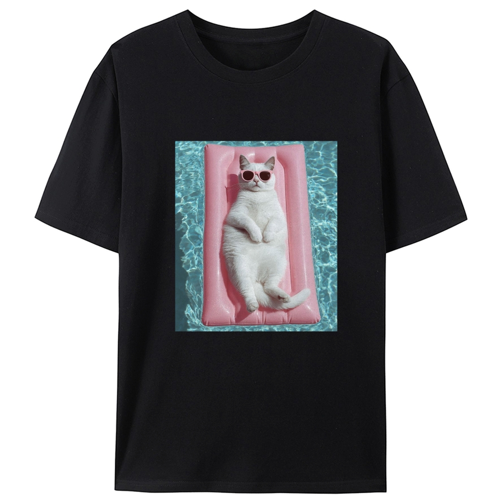 White Cat On Pink Pool Float Meme Retro Designed for Women - Slim Fit Cotton Tee