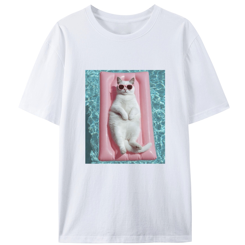 White Cat On Pink Pool Float Meme Retro Designed for Women - Slim Fit Cotton Tee