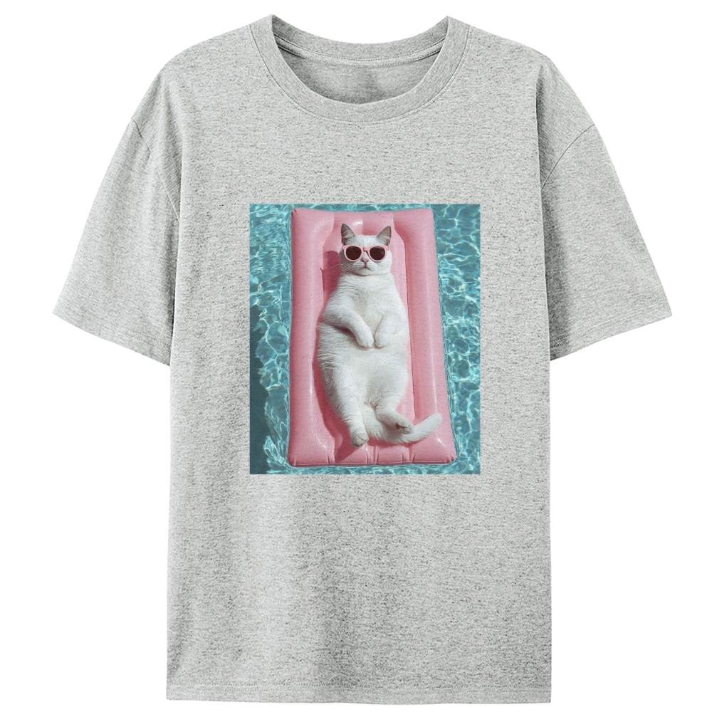 White Cat On Pink Pool Float Meme Retro Designed for Women - Slim Fit Cotton Tee