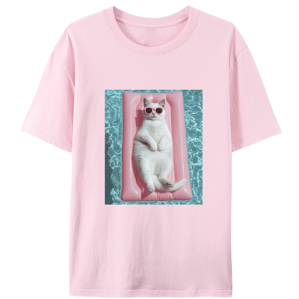 White Cat On Pink Pool Float Meme Retro Designed for Women - Slim Fit Cotton Tee