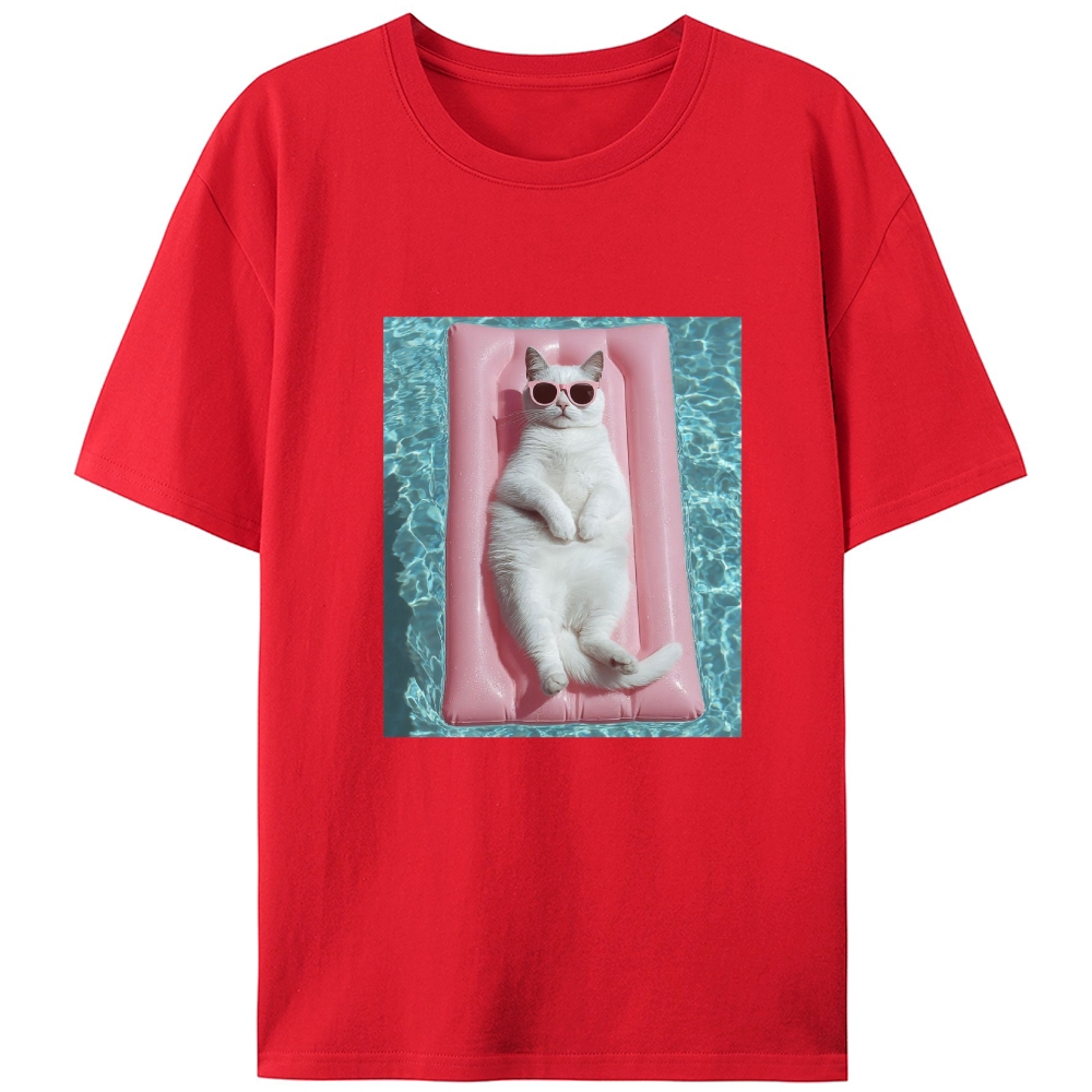 White Cat On Pink Pool Float Meme Retro Designed for Women - Slim Fit Cotton Tee