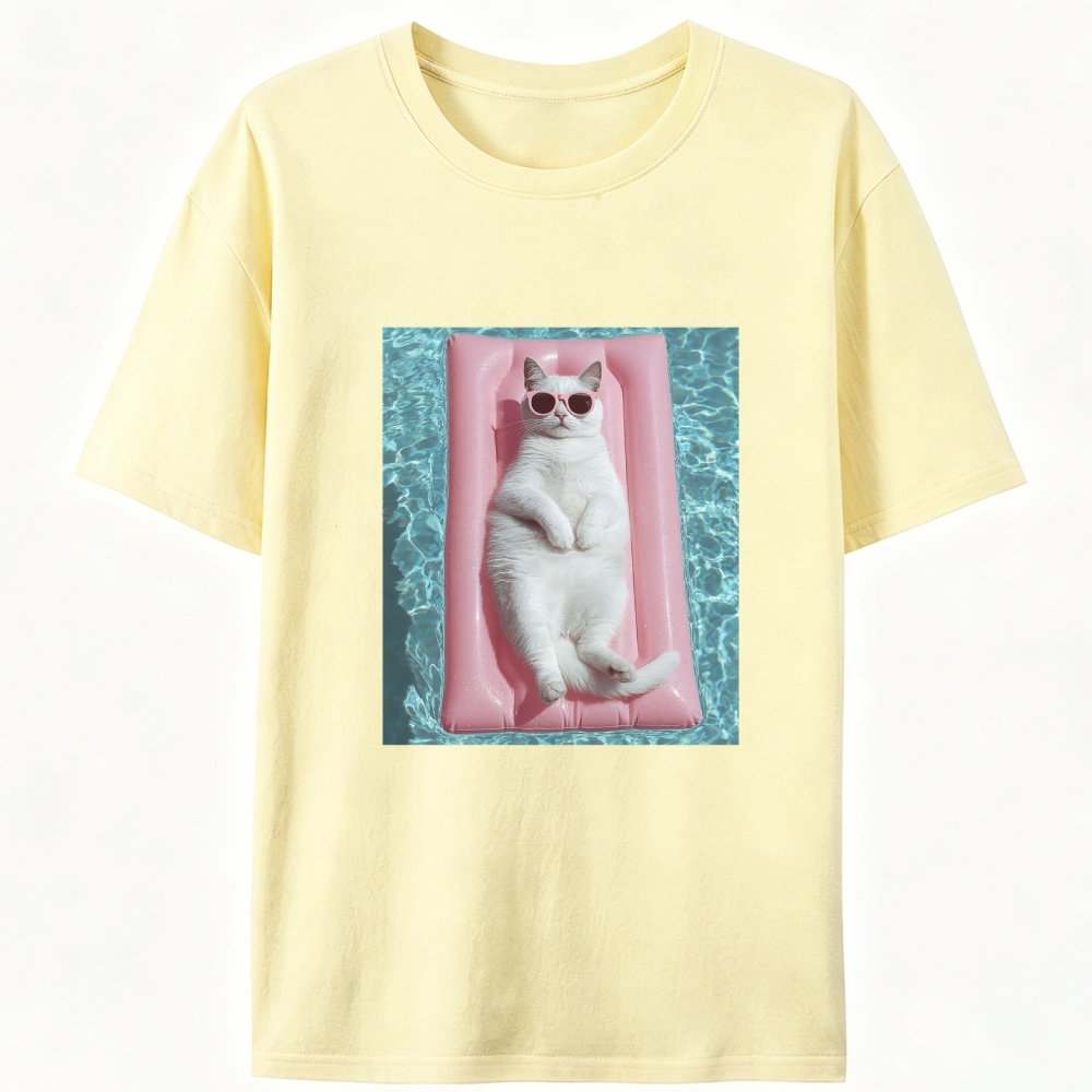 White Cat On Pink Pool Float Meme Retro Designed for Women - Slim Fit Cotton Tee