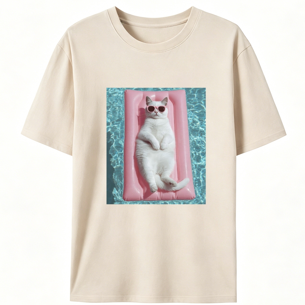 White Cat On Pink Pool Float Meme Retro Designed for Women - Slim Fit Cotton Tee