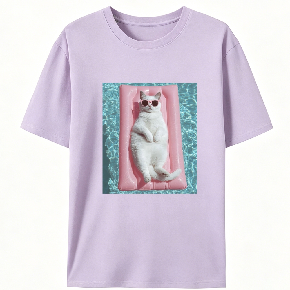 White Cat On Pink Pool Float Meme Retro Designed for Women - Slim Fit Cotton Tee