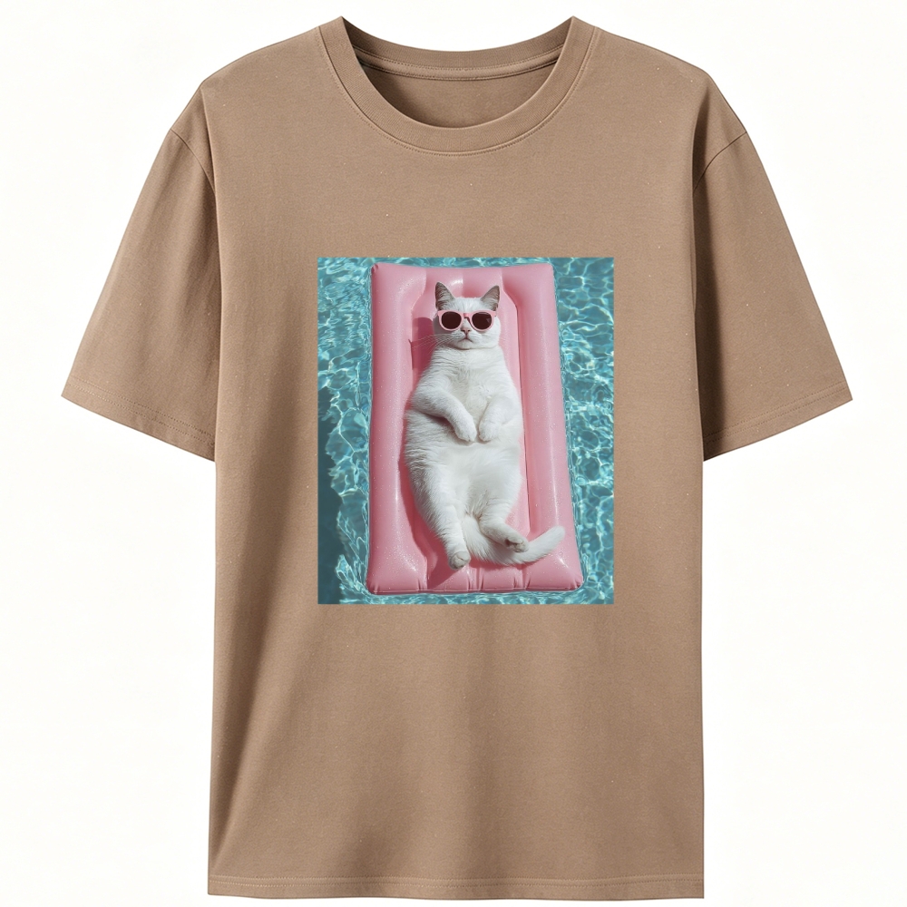 White Cat On Pink Pool Float Meme Retro Designed for Women - Slim Fit Cotton Tee