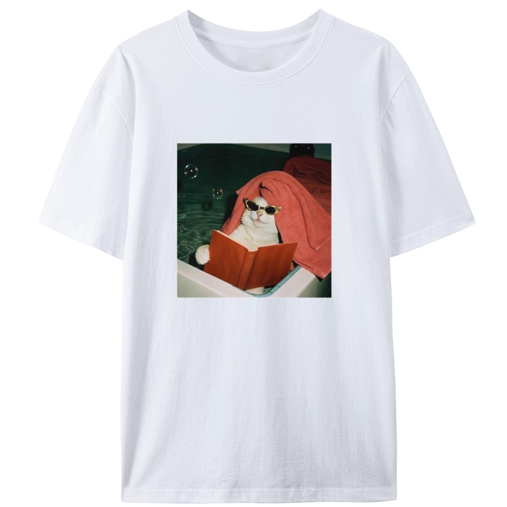 Cool Cat Relaxing In Pool With Sunglasses Retro Designed for Women - Slim Fit Cotton Tee