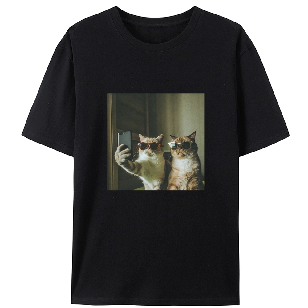 Sunglasses Cats Selfie Funny Retro Designed for Women - Slim Fit Cotton Tee