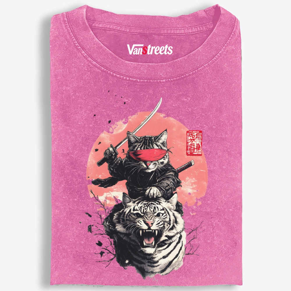 Ninja Cat on Tiger Retro Washed T-Shirt | 100% Cotton | Streetwear Essential