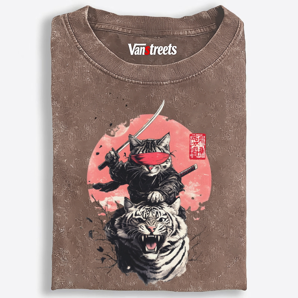 Ninja Cat on Tiger Retro Washed T-Shirt | 100% Cotton | Streetwear Essential
