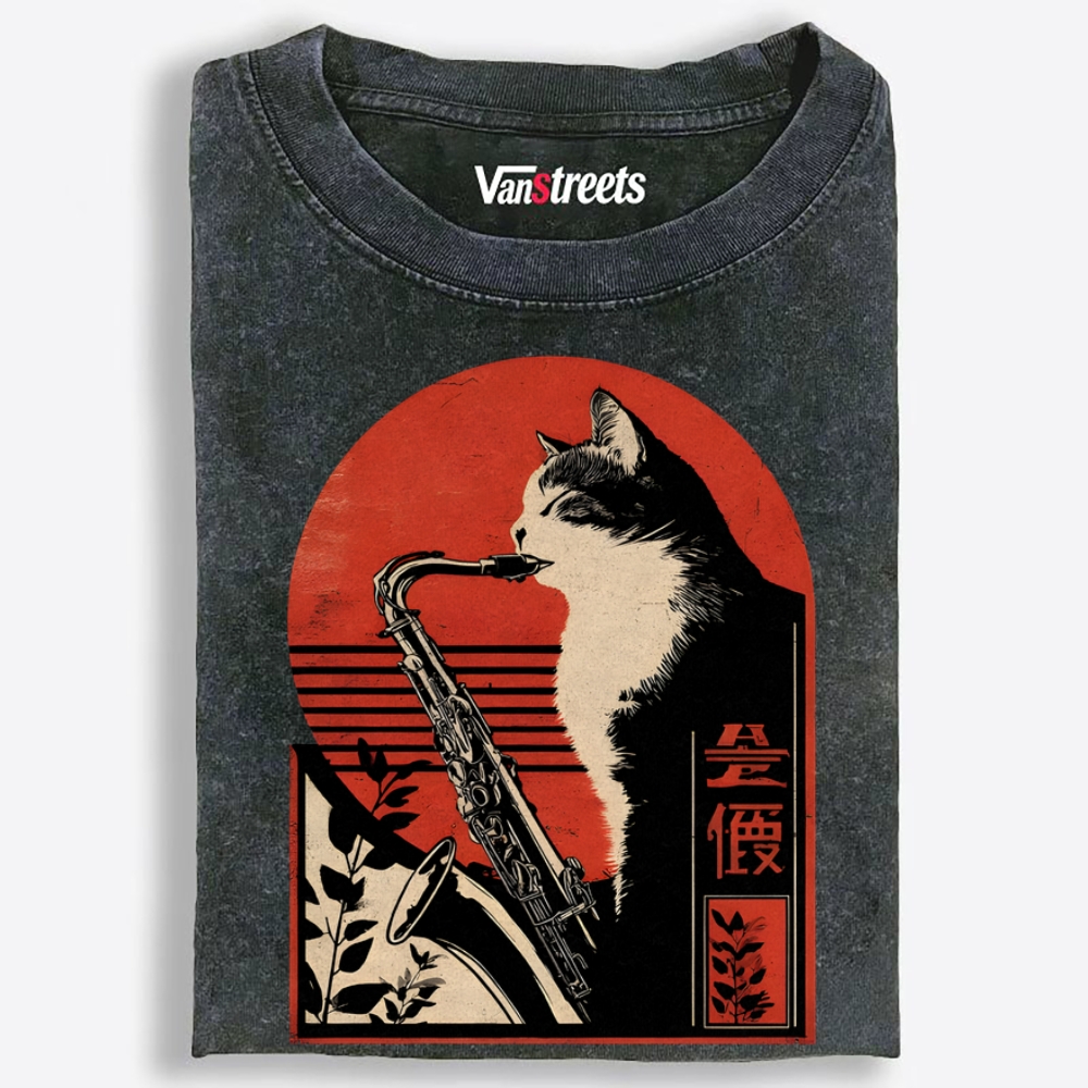 Jazz Cat Retro Washed T-Shirt | 100% Cotton | Streetwear Essential