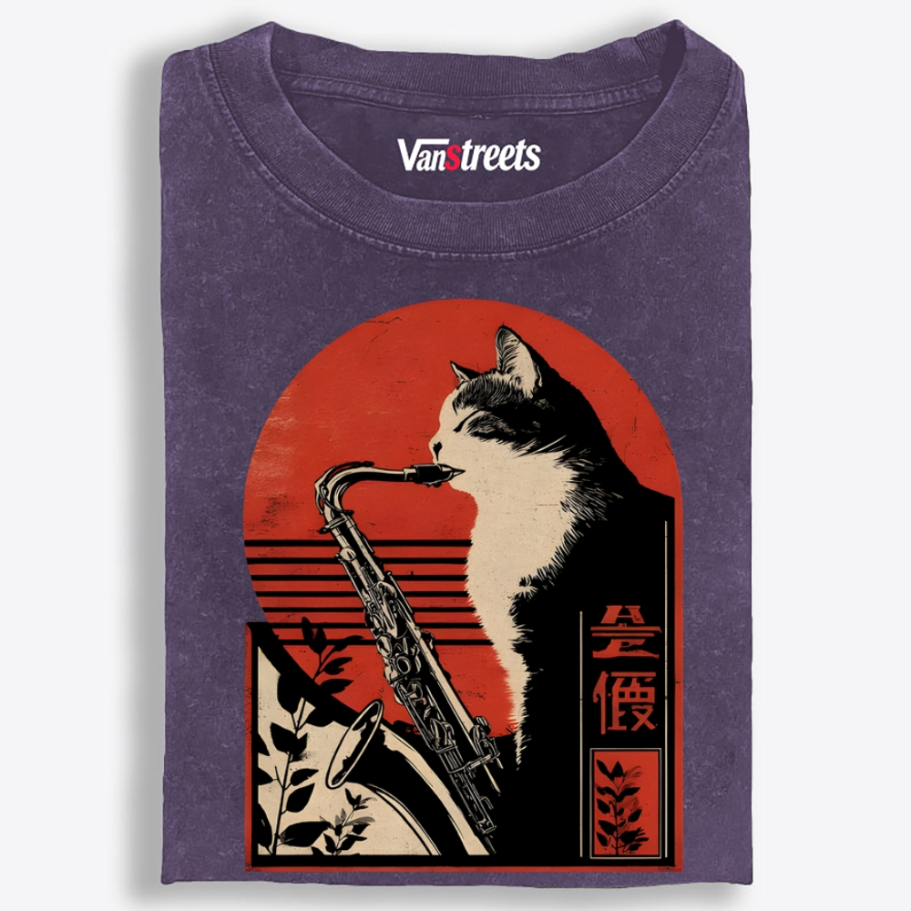 Jazz Cat Retro Washed T-Shirt | 100% Cotton | Streetwear Essential