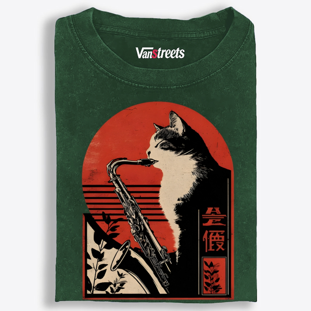 Jazz Cat Retro Washed T-Shirt | 100% Cotton | Streetwear Essential
