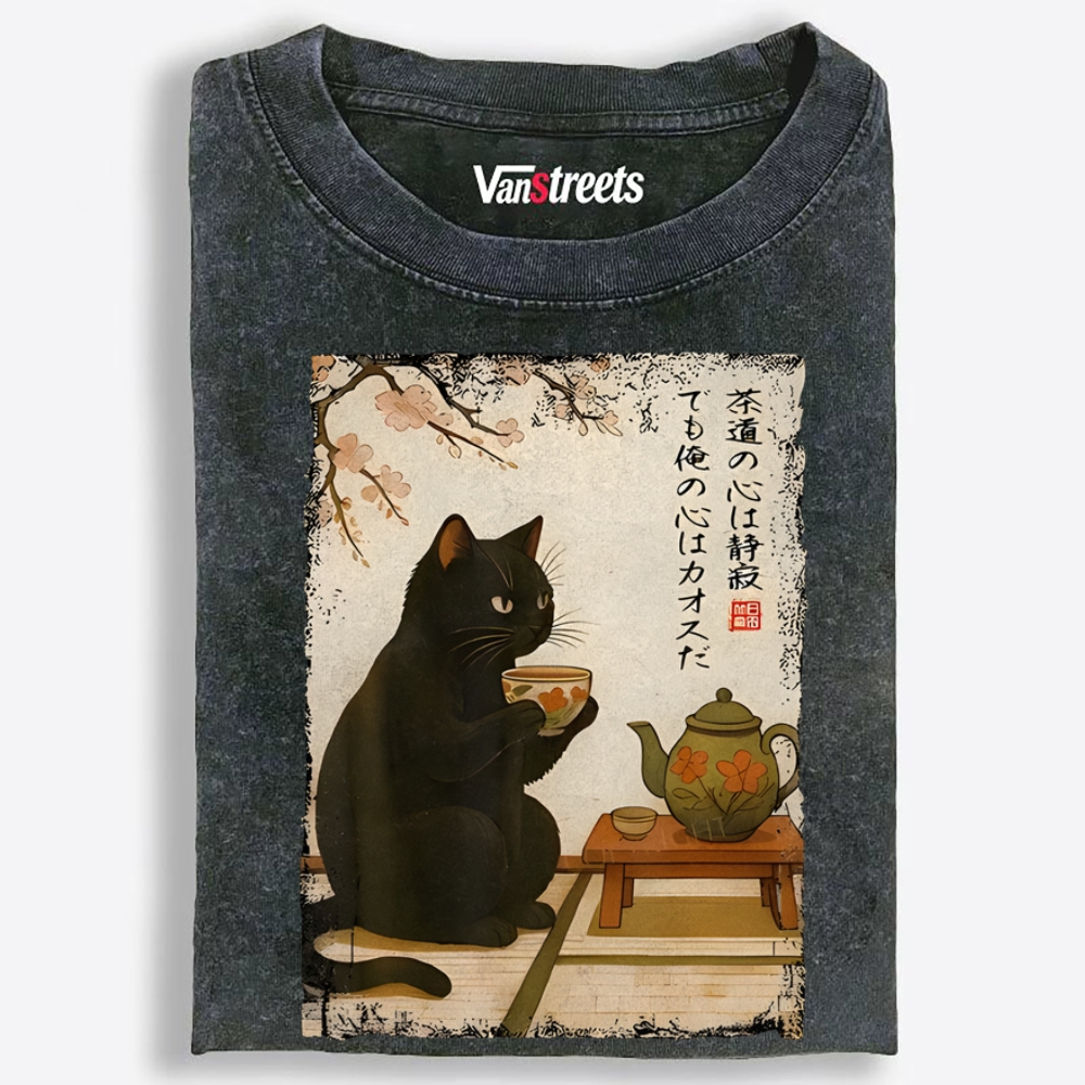 Tea Ceremony Black Cat Retro Washed T-Shirt | 100% Cotton | Streetwear Essential