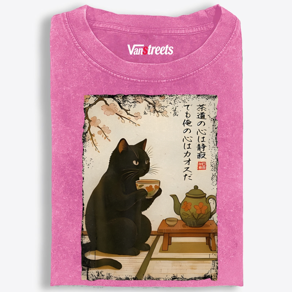 Tea Ceremony Black Cat Retro Washed T-Shirt | 100% Cotton | Streetwear Essential