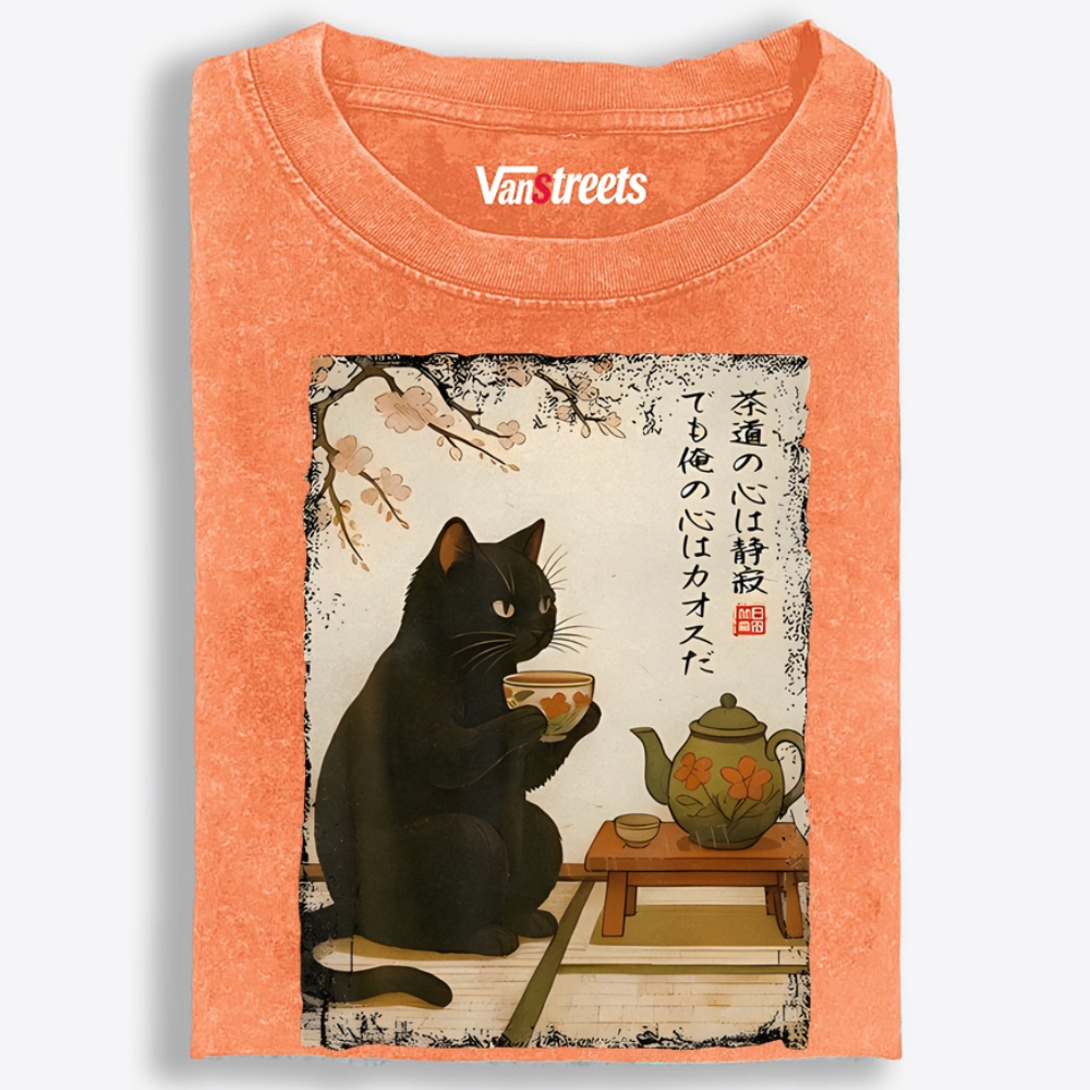Tea Ceremony Black Cat Retro Washed T-Shirt | 100% Cotton | Streetwear Essential
