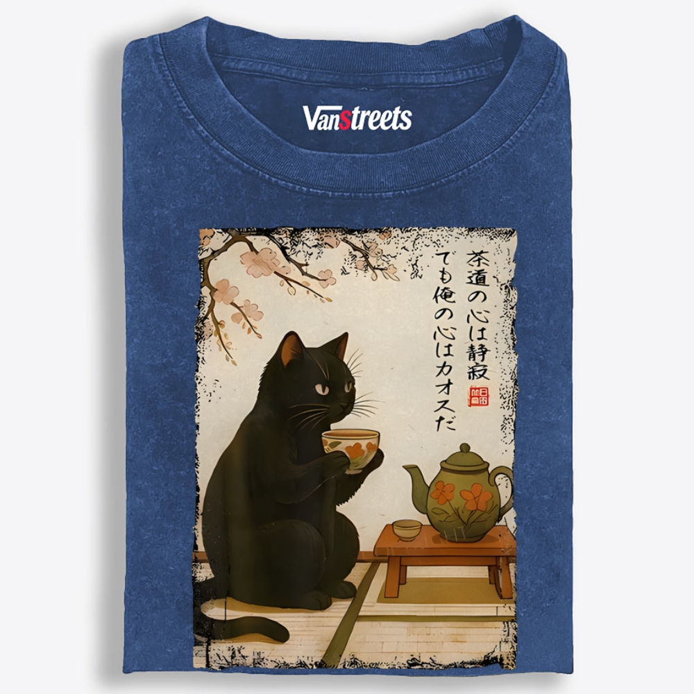 Tea Ceremony Black Cat Retro Washed T-Shirt | 100% Cotton | Streetwear Essential