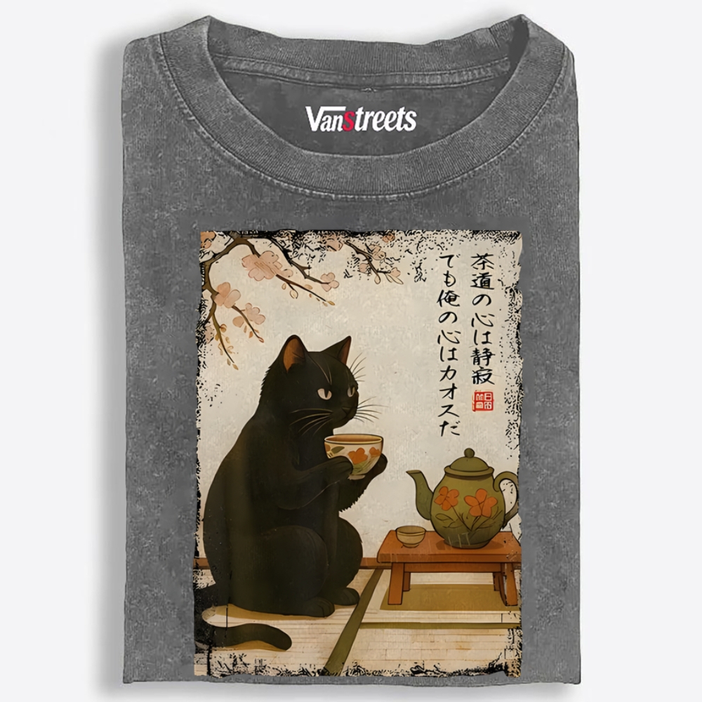 Tea Ceremony Black Cat Retro Washed T-Shirt | 100% Cotton | Streetwear Essential