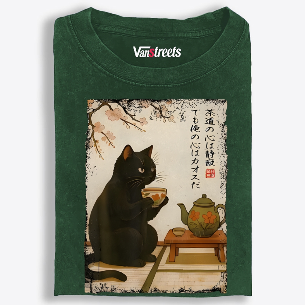 Tea Ceremony Black Cat Retro Washed T-Shirt | 100% Cotton | Streetwear Essential