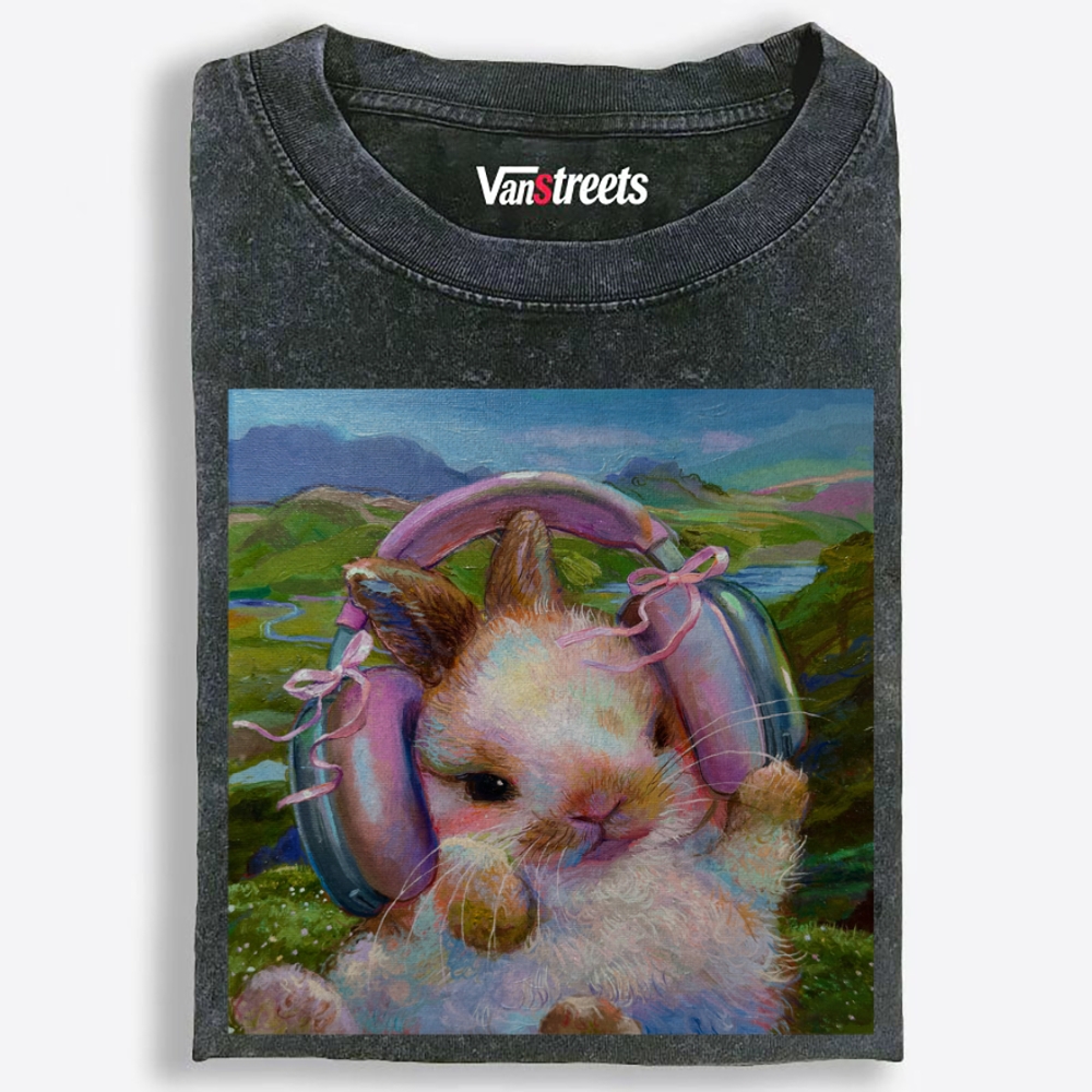 Headphones Bunny Retro Washed T-Shirt | 100% Cotton | Streetwear Essential