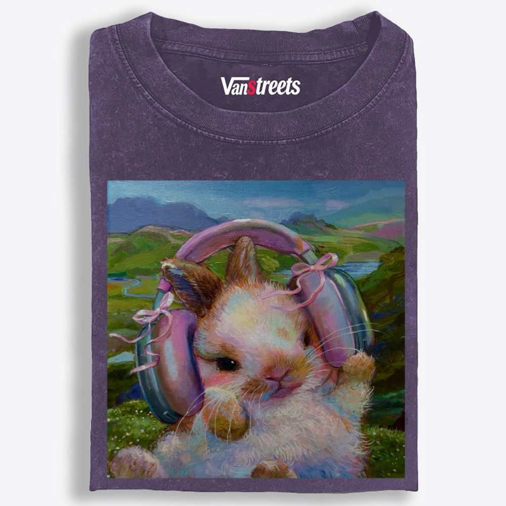 Headphones Bunny Retro Washed T-Shirt | 100% Cotton | Streetwear Essential