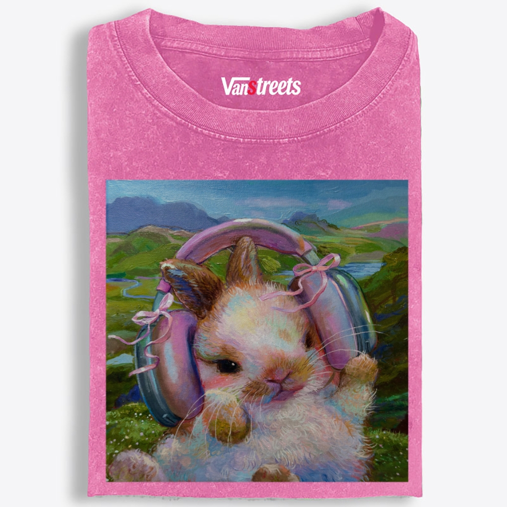 Headphones Bunny Retro Washed T-Shirt | 100% Cotton | Streetwear Essential